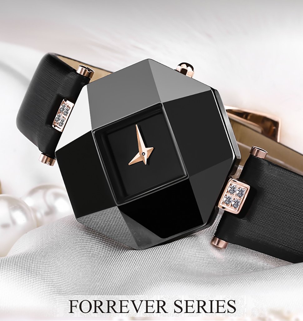 Luxury women watch featuring a ceramic case, square dial, and leather band, perfect for dressy occasions.