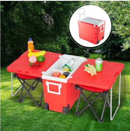 Outdoor Picnic Foldable Multi-function Rolling Cooler in red with two foldable stools, ideal for outdoor activities.