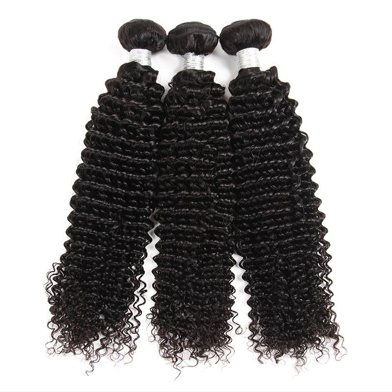 Three bundles of 10A Virgin Brazilian Curly Hair Weave, showcasing rich curls and a natural look.