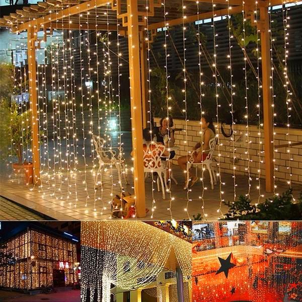 300-LED Warm White Light string lights designed in a curtain style, perfect for romantic wedding and party decorations.