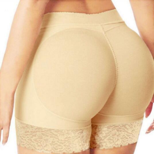 A pair of sexy butt shaper pants designed for women, featuring padded enhancement and lace edges in beige and black colors.