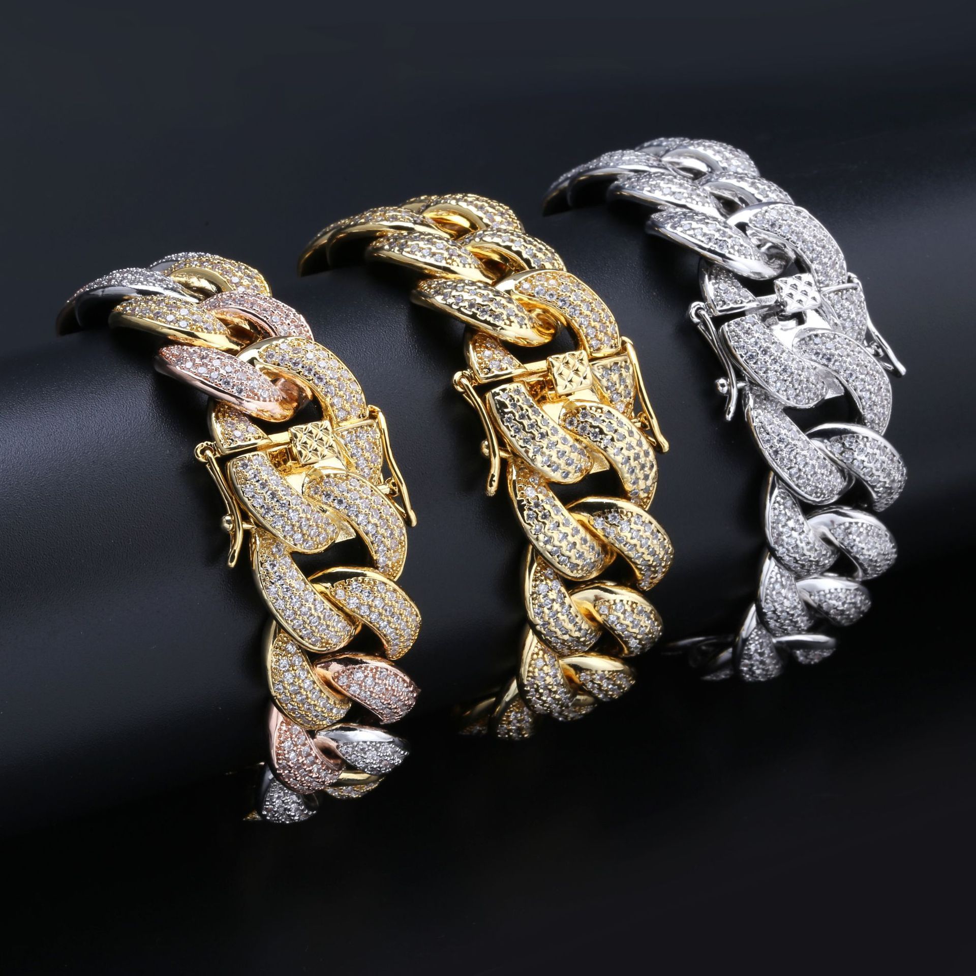 Hot Three-color hip-hop men's bracelet featuring a full zircon Cuban chain in gold, silver, and copper colors, showcasing its elegant design.