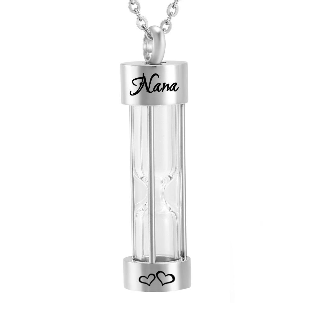 Silver hourglass pendant urn necklace for ashes, featuring a stylish design and durable stainless steel material, perfect for memorial keepsakes.