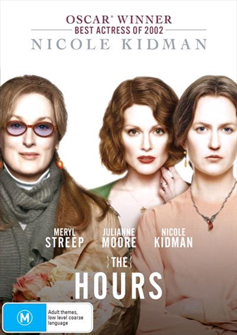 Cover of 'Hours, The DVD' featuring three women representing different generations, with a backdrop of literary elements.