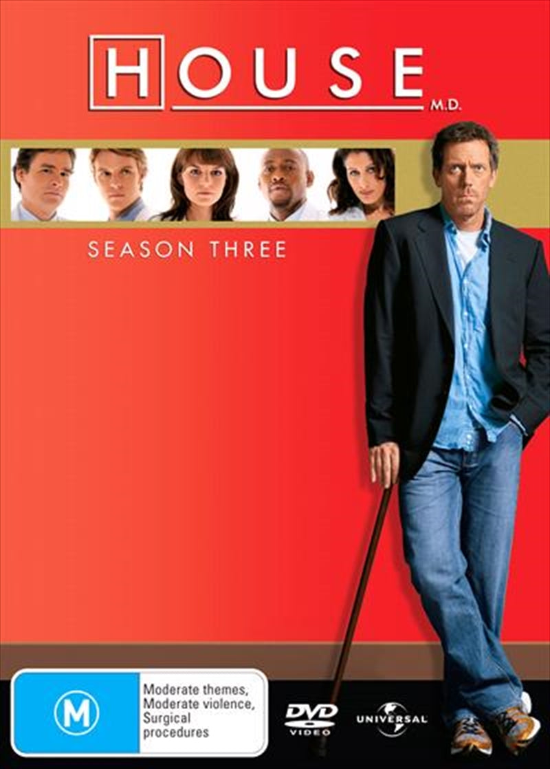 House, M.D. Season 3 DVD cover featuring Hugh Laurie as Dr. Gregory House, showcasing the show's title and dramatic imagery.