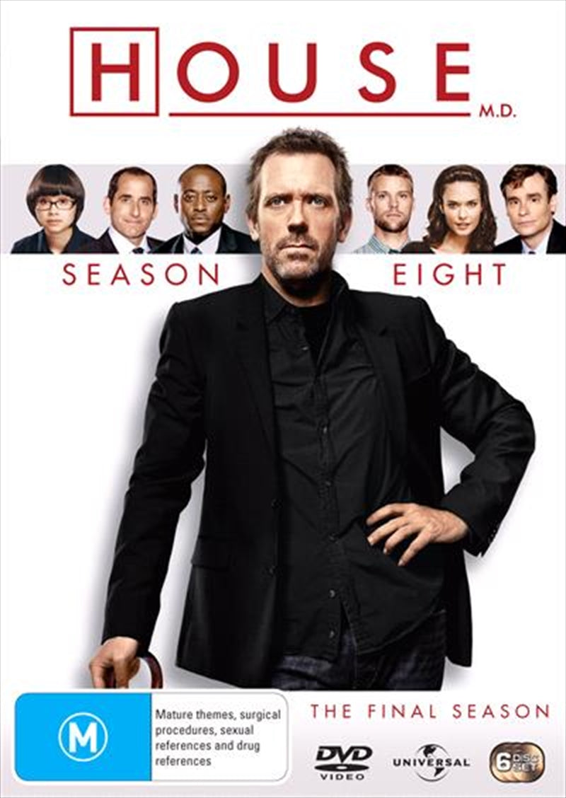 House, M.D. - Season 8 DVD cover featuring Dr. Gregory House with a cane, showcasing the show's medical drama theme.