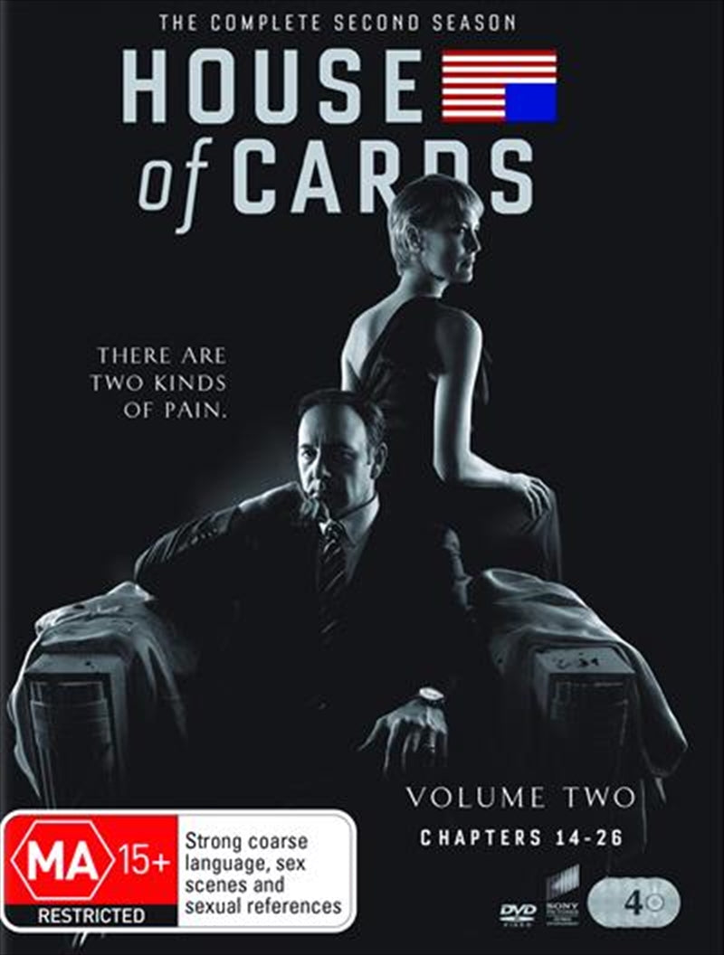 House of Cards - Season 2 DVD cover featuring Kevin Spacey and Robin Wright, showcasing the political drama theme.