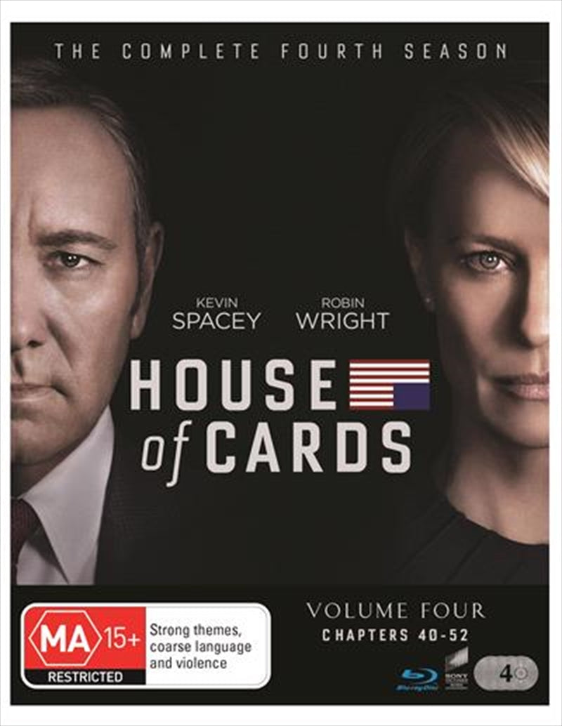 House Of Cards - Season 4 Blu-ray cover featuring Frank and Claire Underwood in a dramatic pose, showcasing the intense political drama.