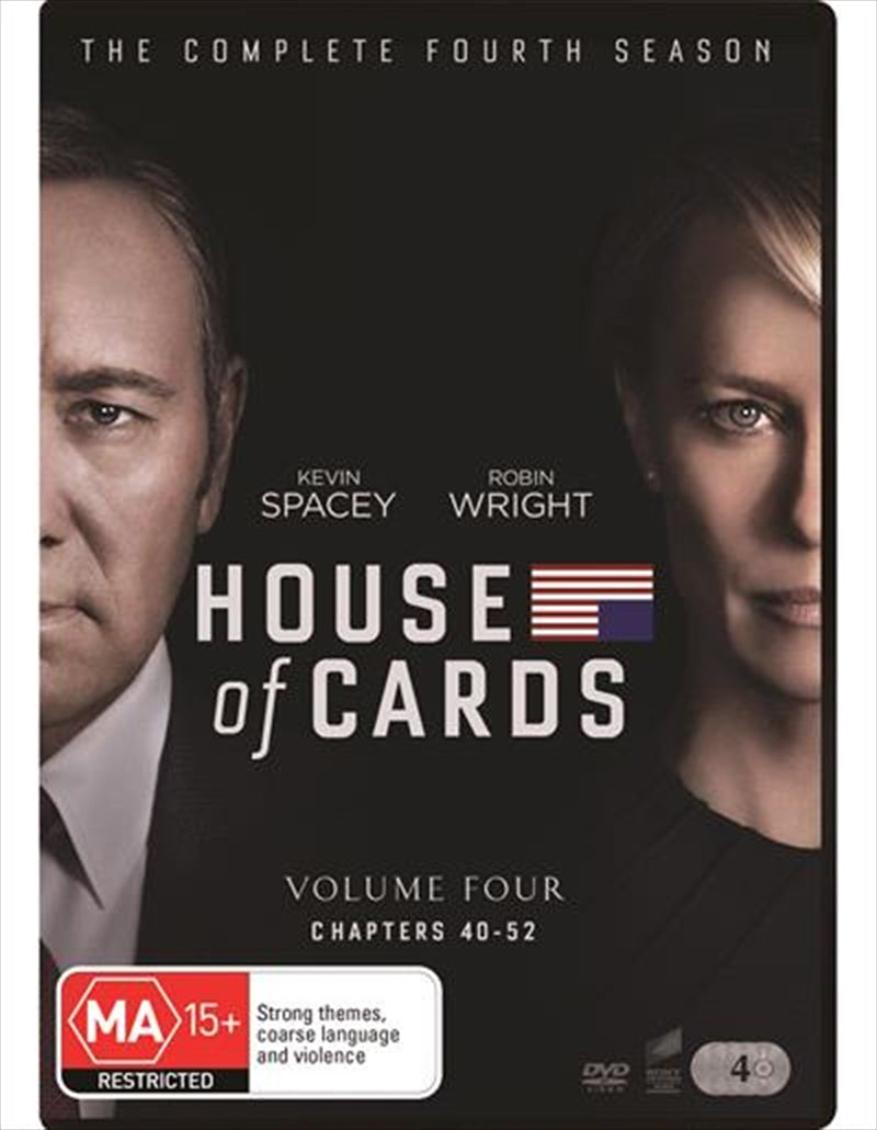 House Of Cards - Season 4 DVD cover featuring Frank and Claire Underwood in a dramatic pose.