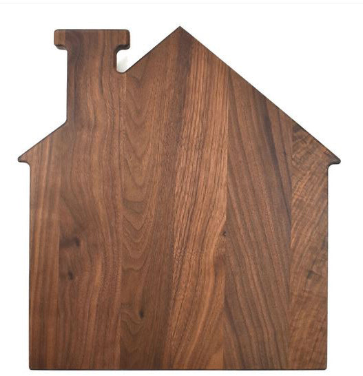 House shaped acacia wood cutting board measuring 13" x 14", perfect for serving and cutting.