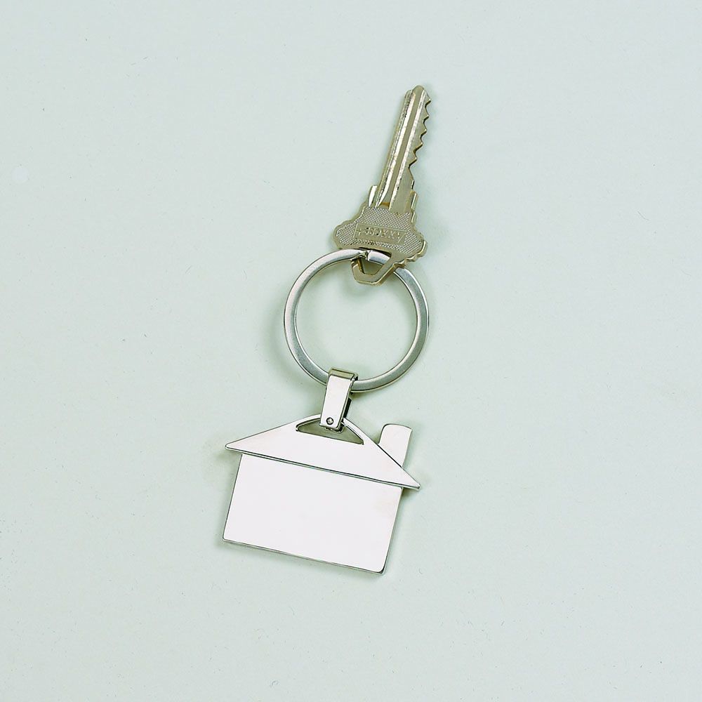 A stylish house-shaped keychain in polished nickel finish, featuring a window and door design.