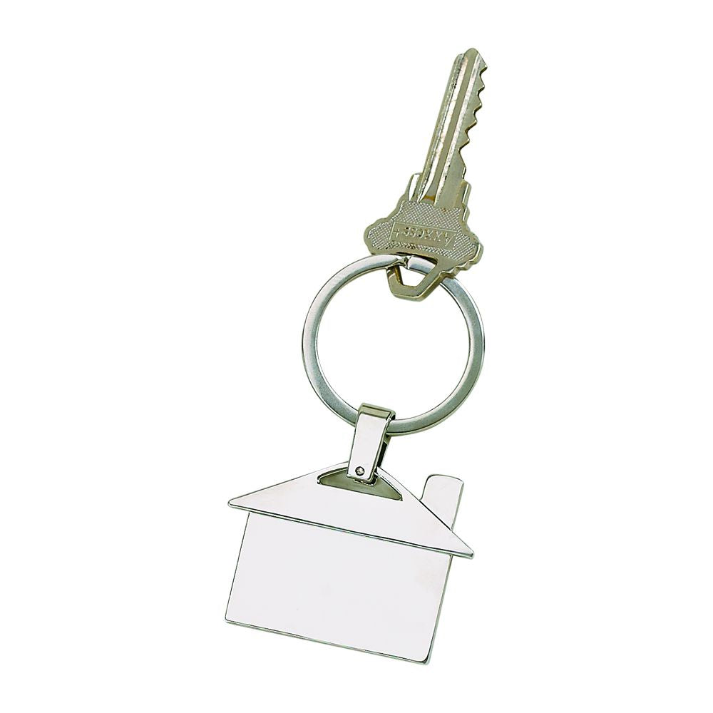 A stylish house-shaped keychain in polished nickel finish, featuring a window and door design.