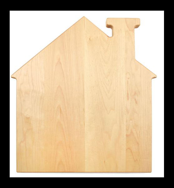 House shaped pine wood cutting board measuring 13" x 14", featuring a smooth maple finish, ideal for cutting or serving.