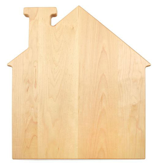 House shaped pine wood cutting board measuring 13" x 14", featuring a smooth maple finish, ideal for cutting or serving.