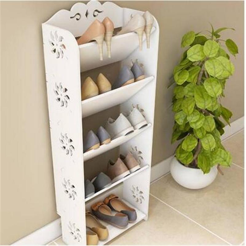 Wood-plastic Board Five Tier Storage Rack in white, showcasing its elegant hollow design and sturdy construction, ideal for shoe and sundry organization.