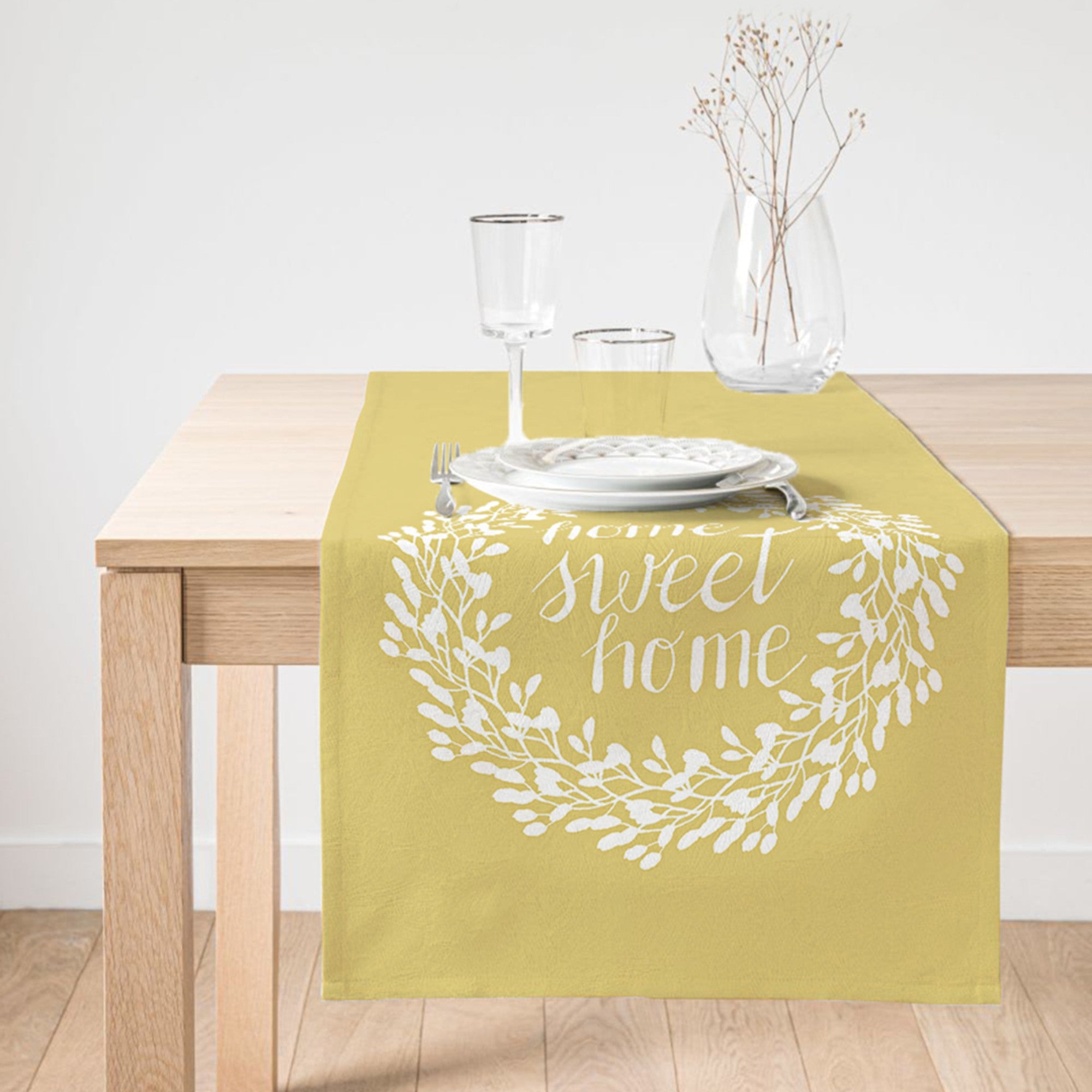 A vibrant yellow table runner with vivid 3D digital prints, perfect for home decor and dining occasions.