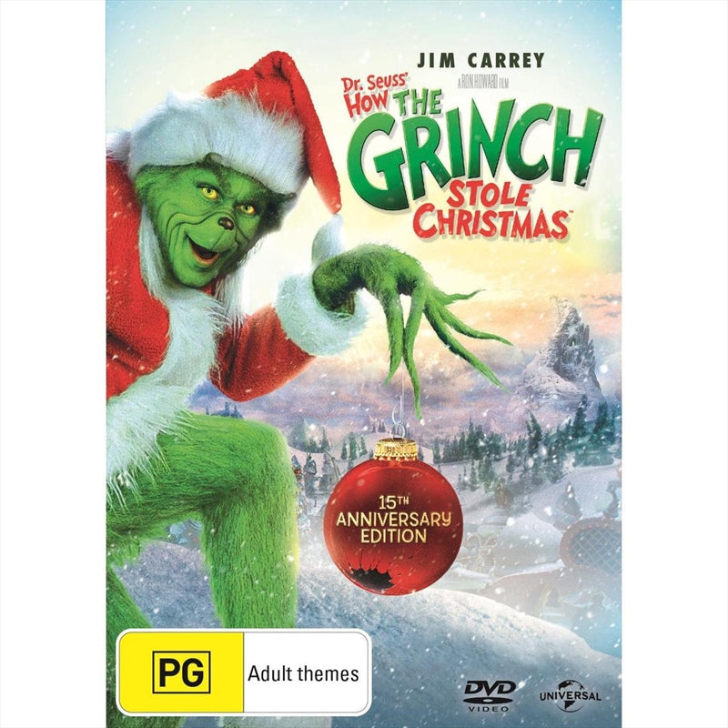 DVD cover of How The Grinch Stole Christmas featuring Jim Carrey as The Grinch in a festive setting.