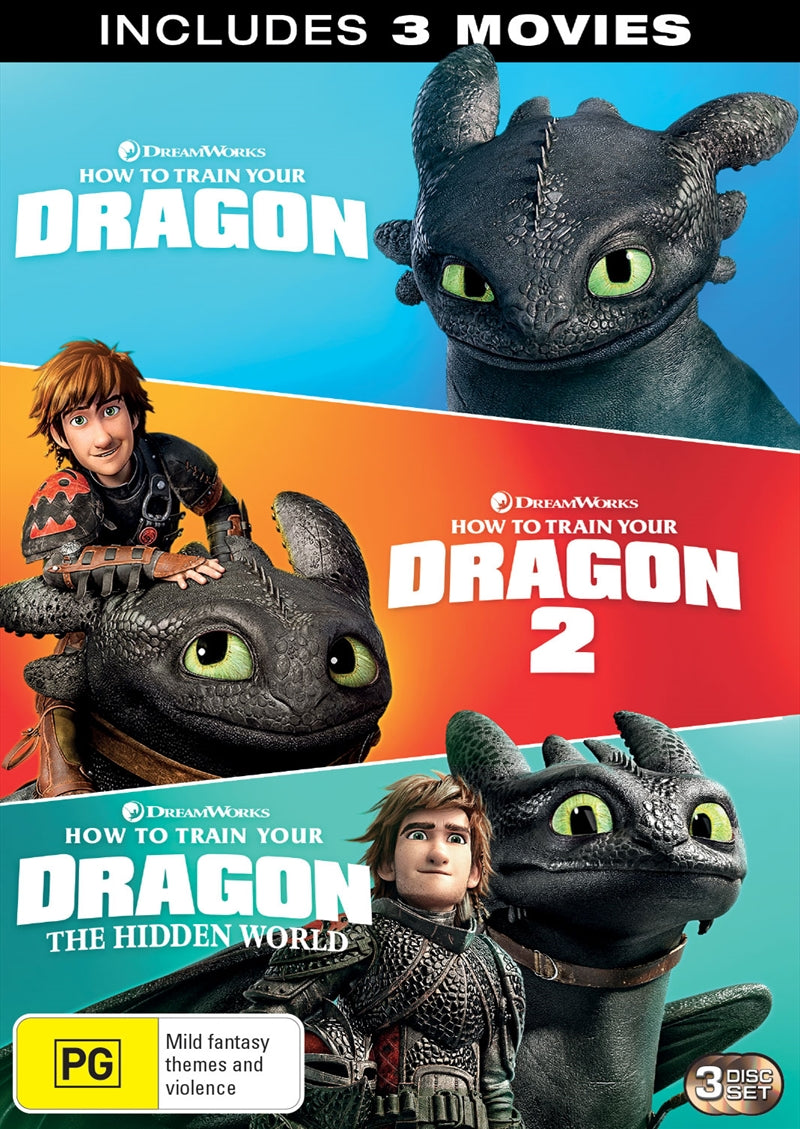 How To Train Your Dragon 1-3 DVD collection featuring Hiccup and Toothless on the cover.