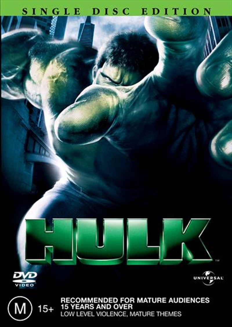 Hulk DVD cover featuring Bruce Banner and the Hulk in action, showcasing intense visuals and dramatic scenes.