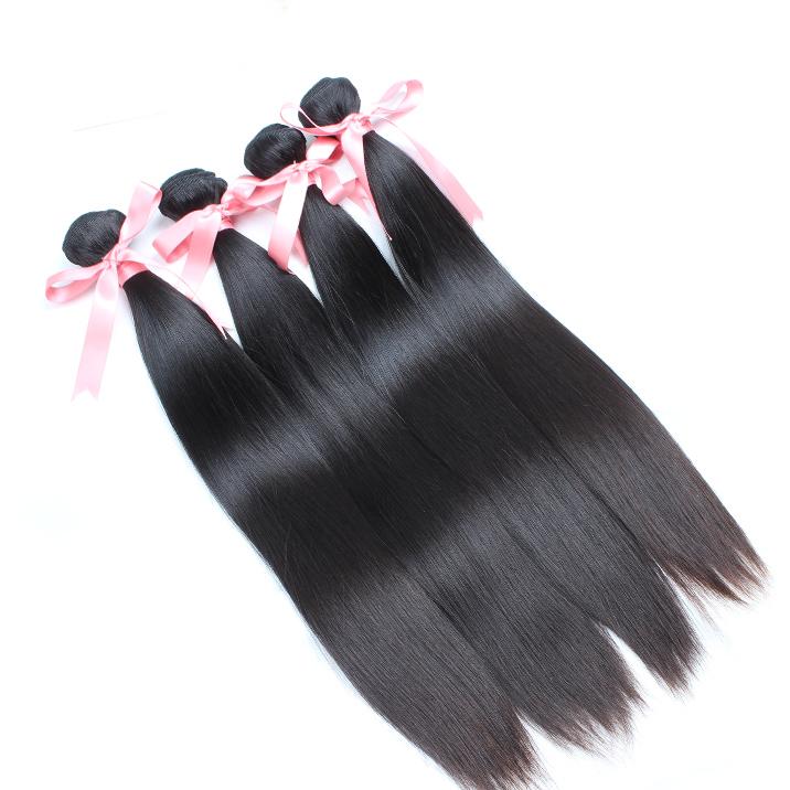 100% Brazilian Virgin Hair Bundles in silky straight texture, available in various lengths and natural color.