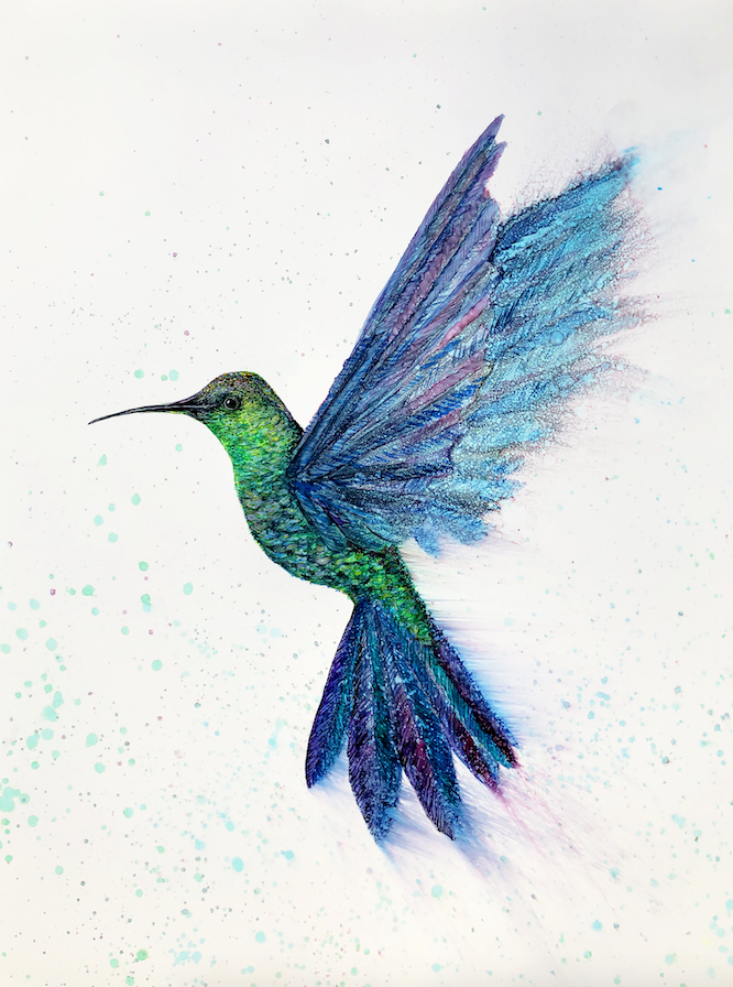 A beautifully designed greeting card featuring a graceful hummingbird in flight, created with alcohol inks, showcasing vibrant colors and intricate details.