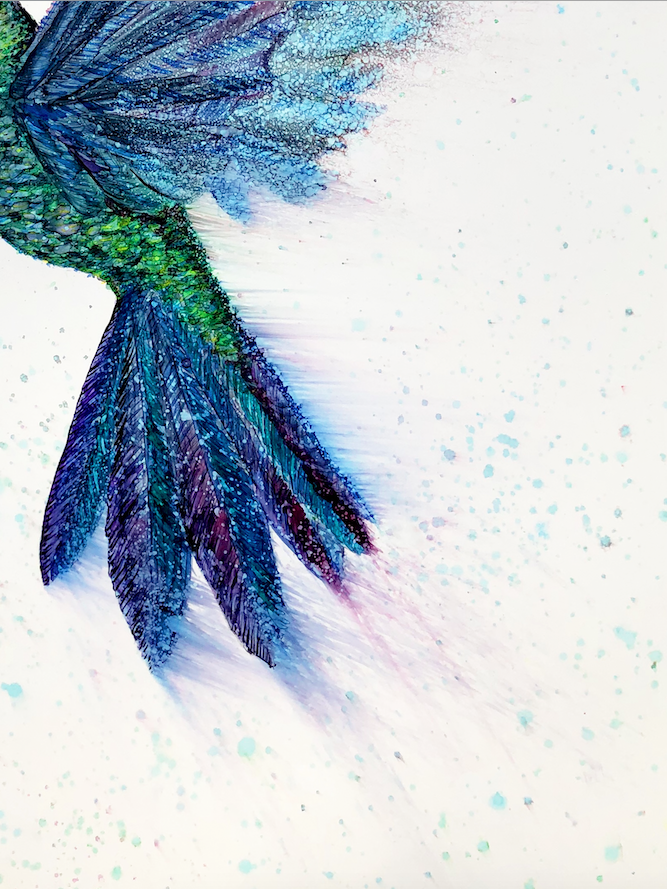 A beautifully designed greeting card featuring a graceful hummingbird in flight, created with alcohol inks, showcasing vibrant colors and intricate details.