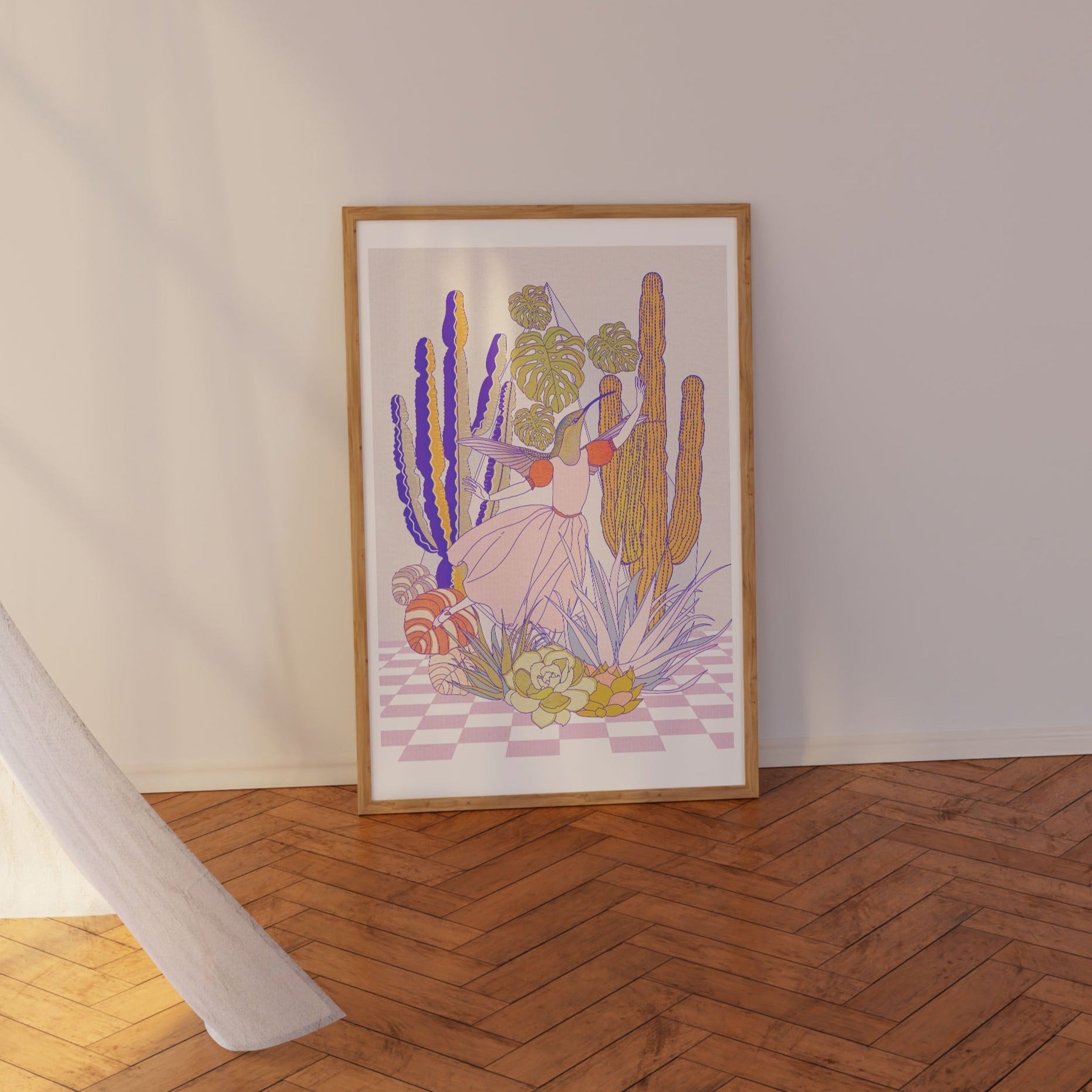 A whimsical art print featuring a half hummingbird, half lady surrounded by succulents and cacti in a terrarium.