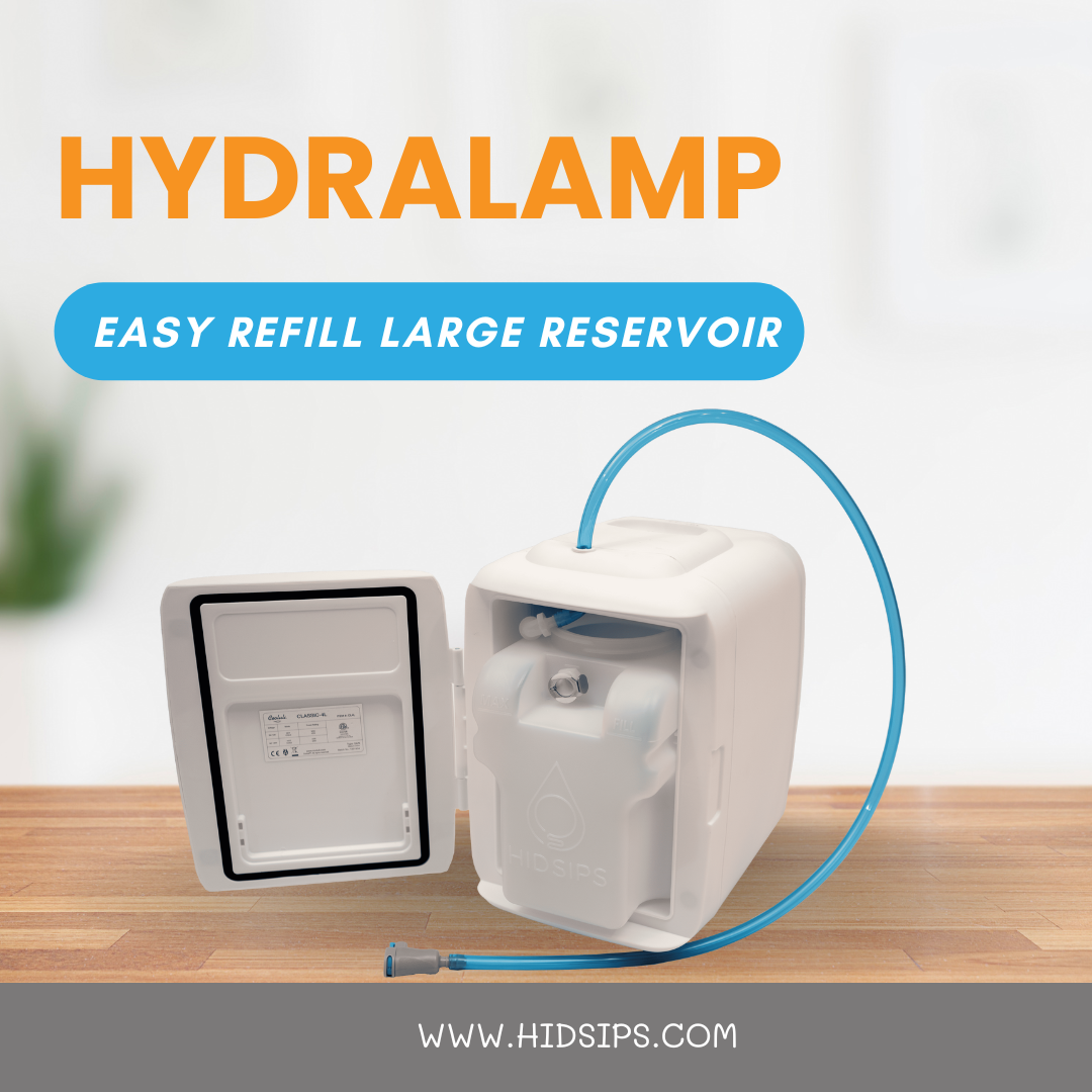 HydraLamp™ Mini Fridge with a sleek design, showcasing its compact size and tempered glass front, perfect for chilling beverages.