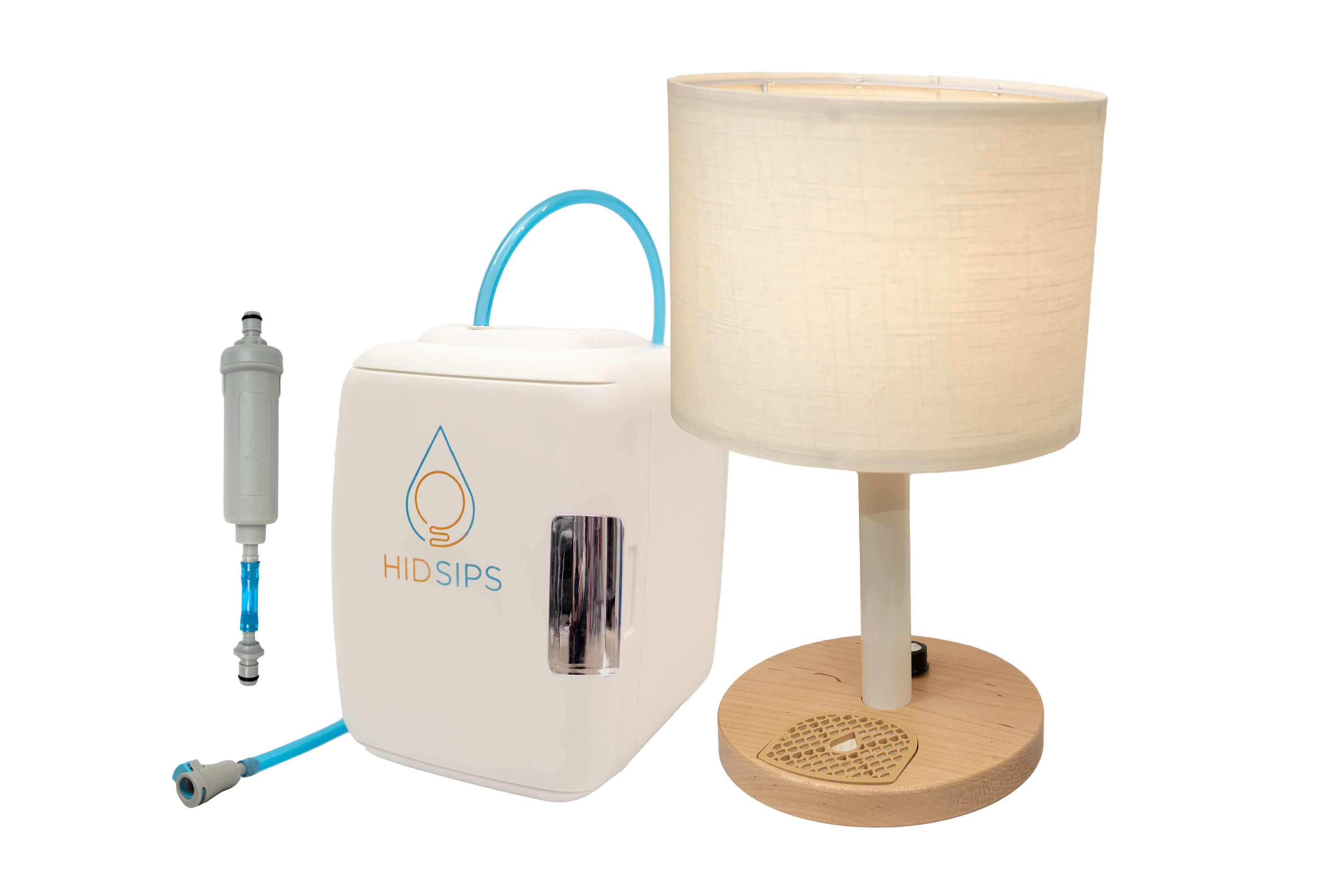 The HydraLamp™ features a stylish design with a mini fridge and water filtration system, perfect for convenient hydration and lighting.