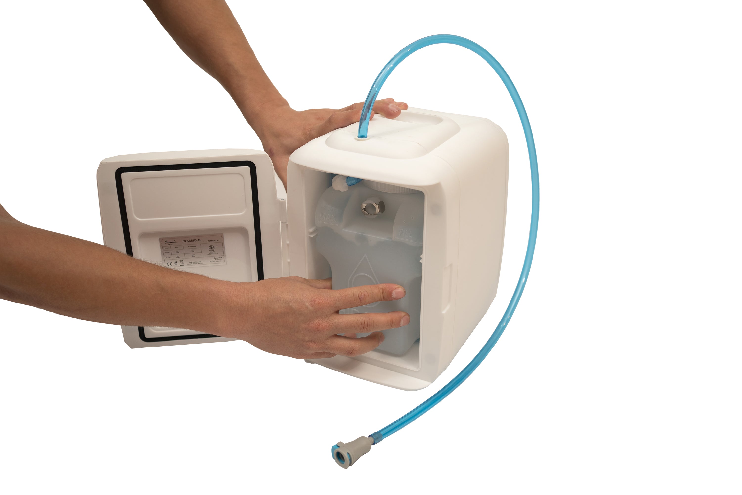 The HydraLamp™ features a stylish design with a mini fridge and water filtration system, perfect for convenient hydration and lighting.