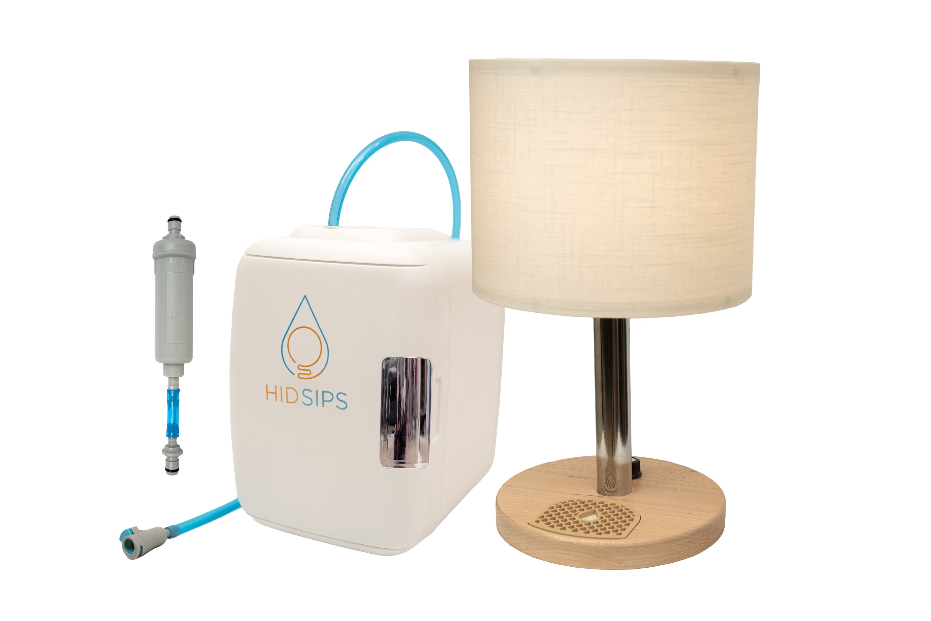 The HydraLamp™ features a stylish design with a mini fridge and water filtration system, perfect for convenient hydration and lighting.