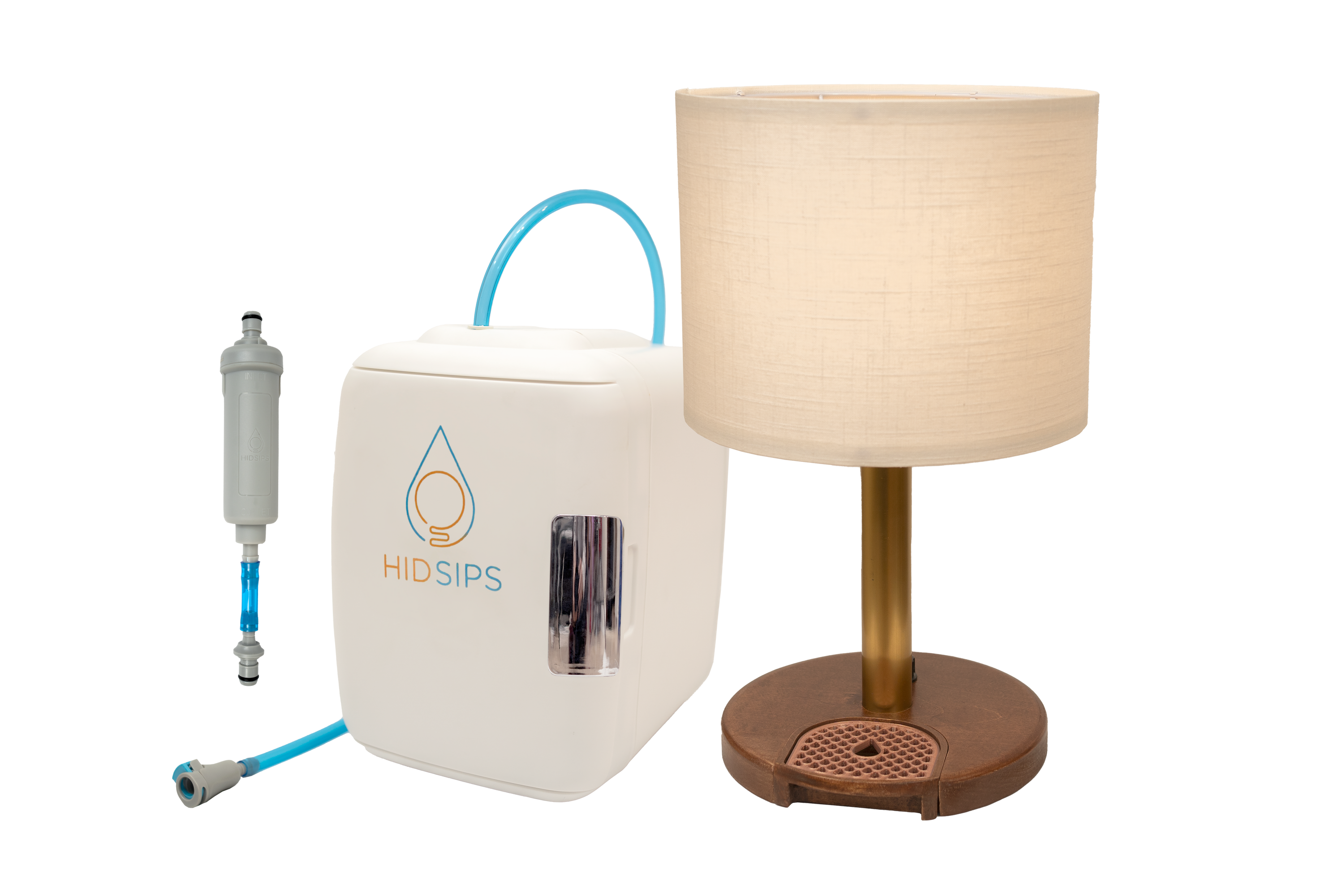 The HydraLamp™ features a stylish design with a mini fridge and water filtration system, perfect for convenient hydration and lighting.