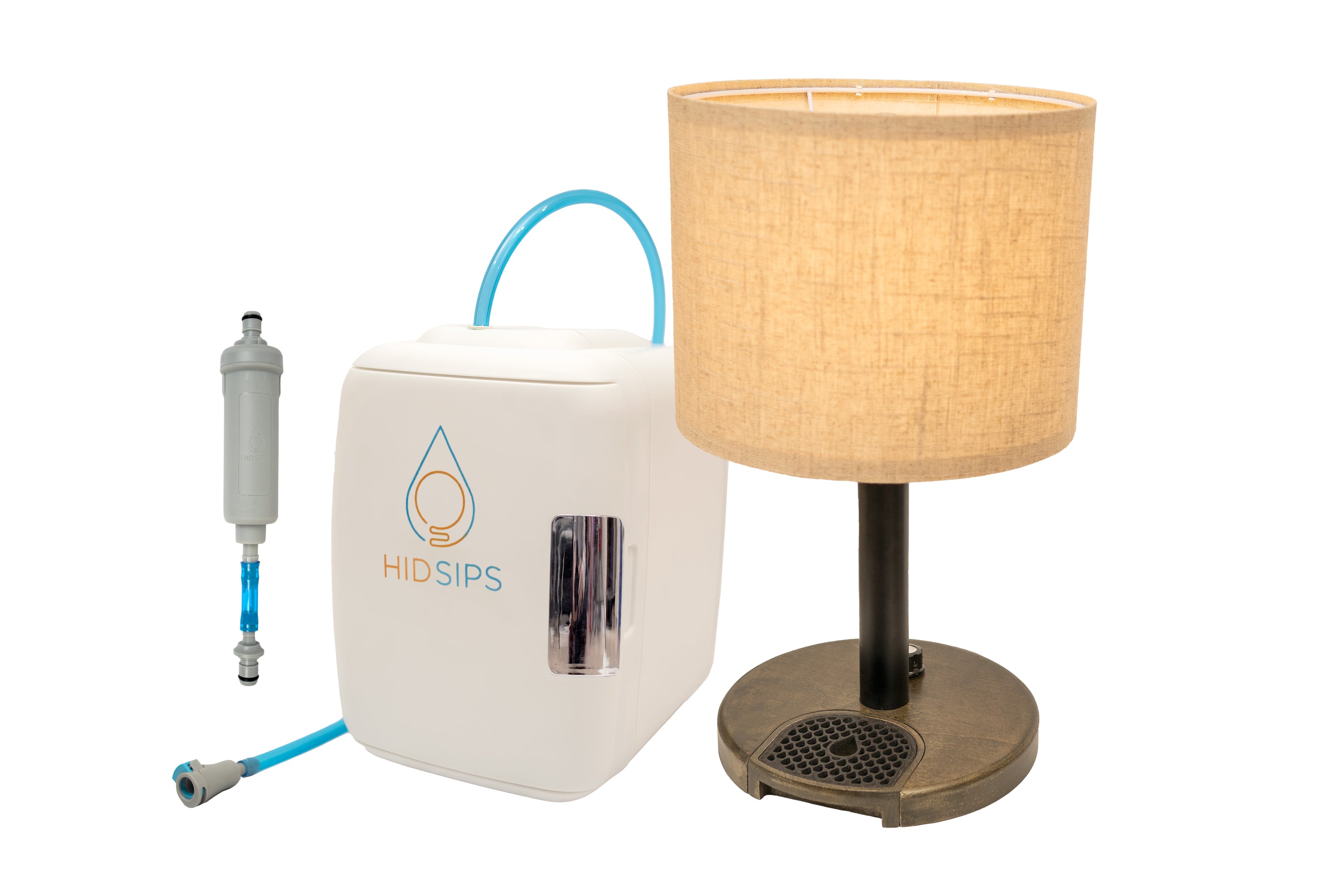 The HydraLamp™ features a stylish design with a mini fridge and water filtration system, perfect for convenient hydration and lighting.