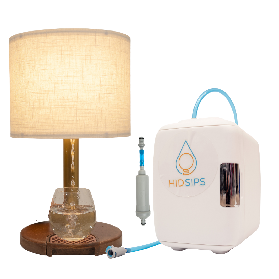 The HydraLamp™ features a stylish design with a mini fridge and water filtration system, perfect for convenient hydration and lighting.