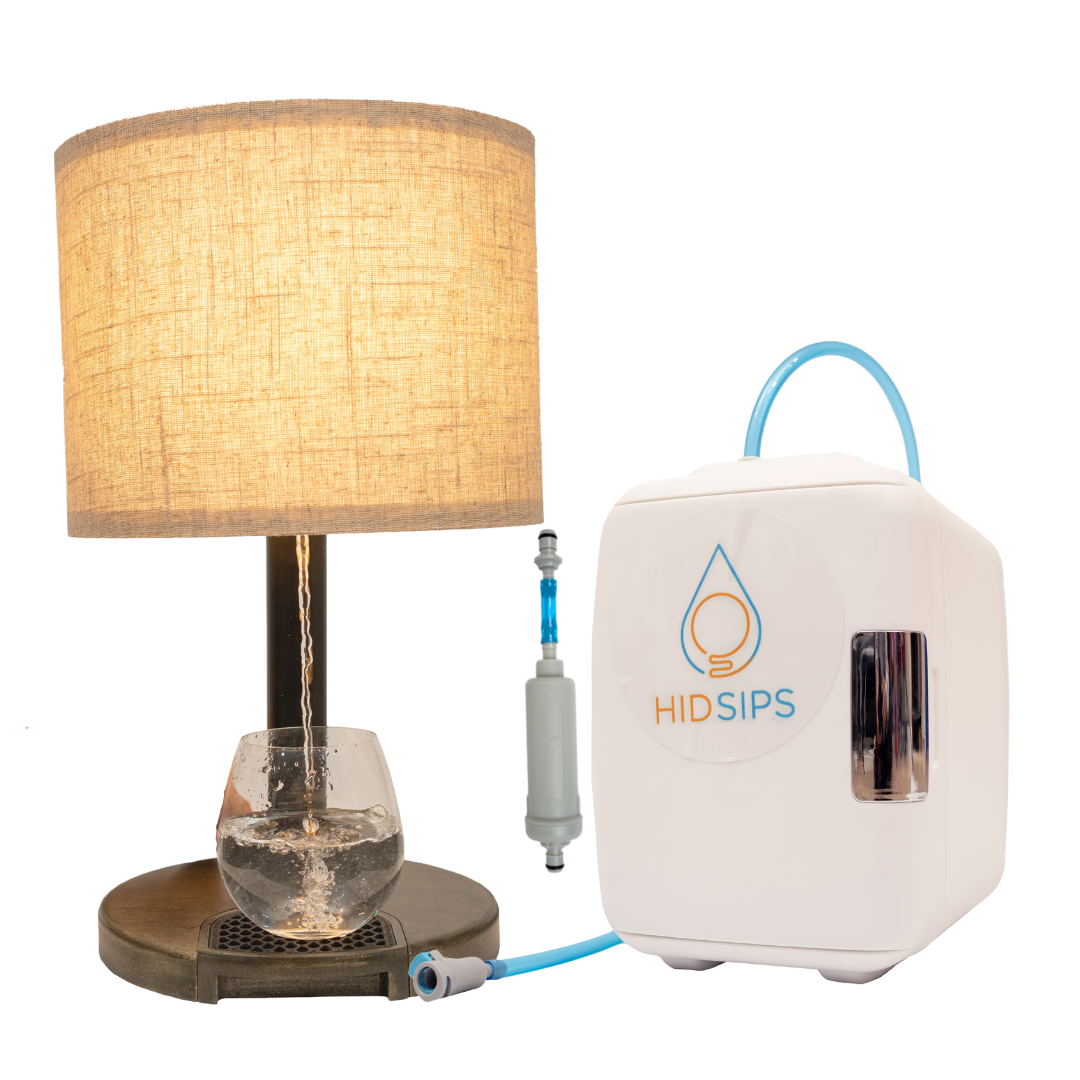 The HydraLamp™ features a stylish design with a mini fridge and water filtration system, perfect for convenient hydration and lighting.