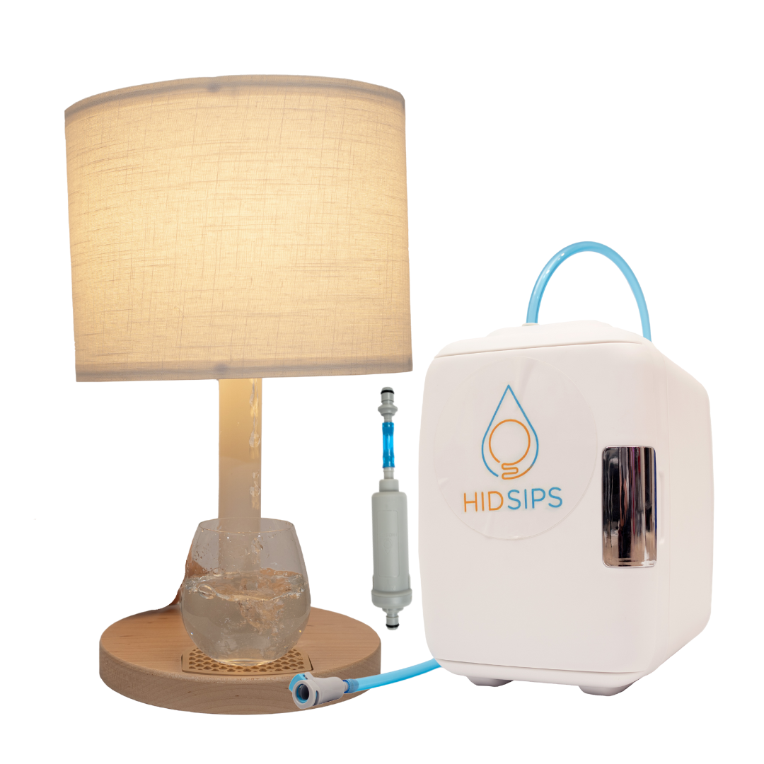 The HydraLamp™ features a stylish design with a mini fridge and water filtration system, perfect for convenient hydration and lighting.