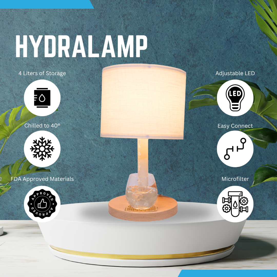 The HydraLamp™ features a stylish design with a mini fridge and water filtration system, perfect for convenient hydration and lighting.