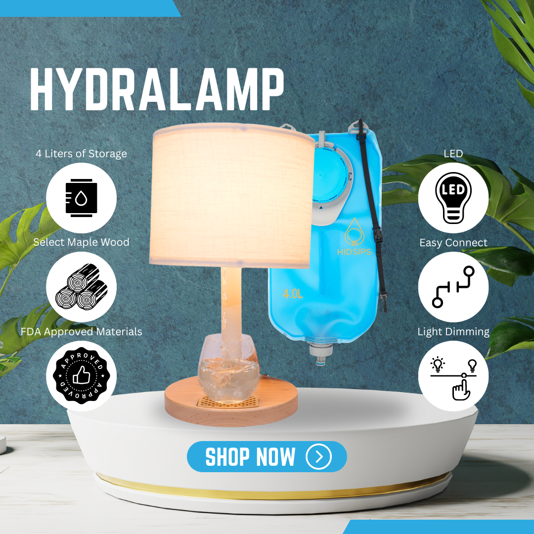 HydraLamp™ with water reservoir, stylish lamp with integrated water dispensing system, featuring a soft water bladder and customizable lampshade.