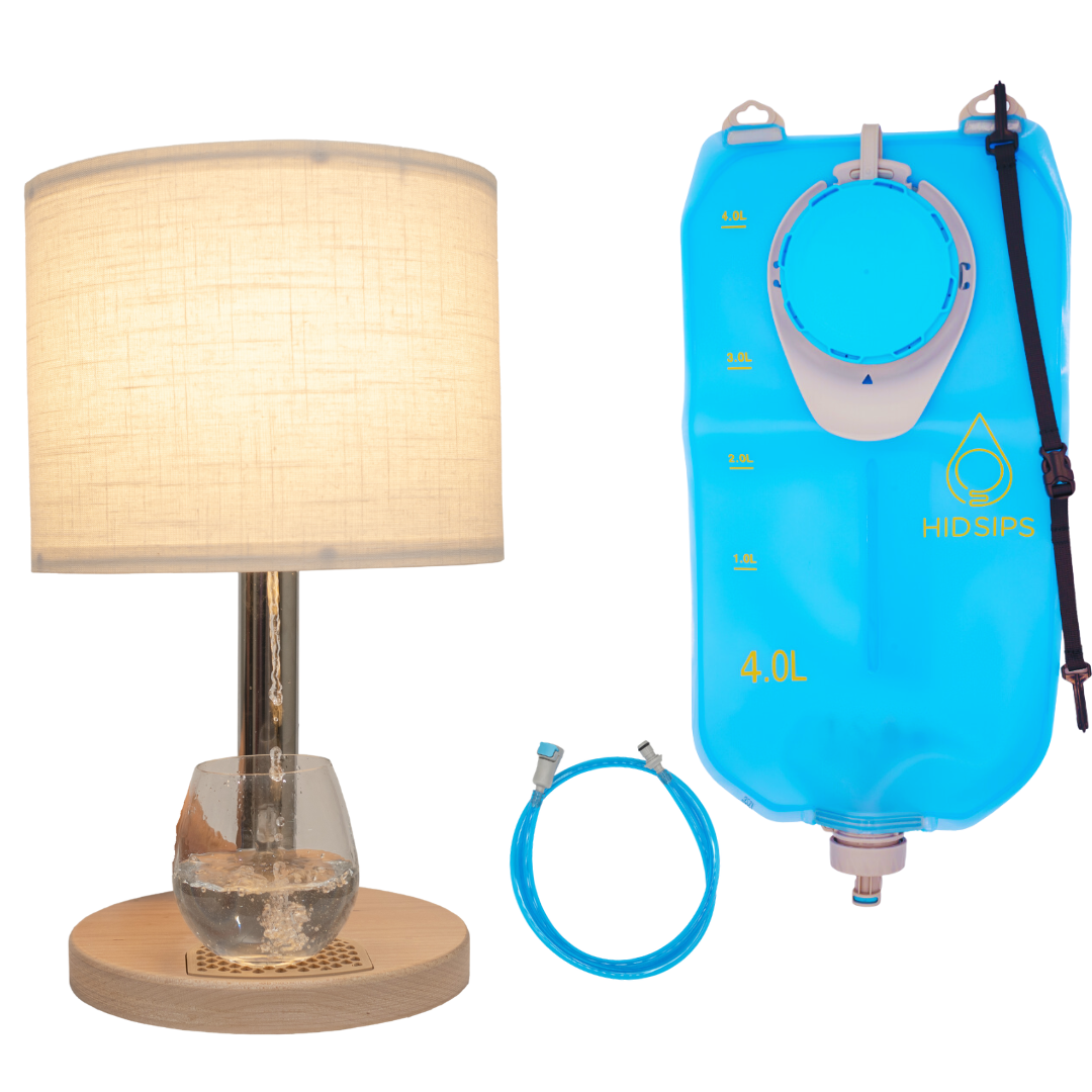 HydraLamp™ with water reservoir, stylish lamp with integrated water dispensing system, featuring a soft water bladder and customizable lampshade.