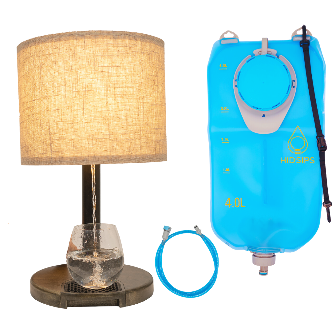 HydraLamp™ with water reservoir, stylish lamp with integrated water dispensing system, featuring a soft water bladder and customizable lampshade.