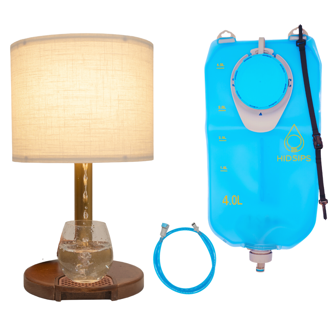 HydraLamp™ with water reservoir, stylish lamp with integrated water dispensing system, featuring a soft water bladder and customizable lampshade.