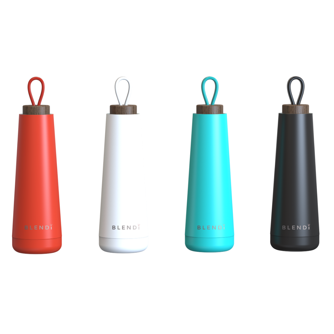 Hydroluxe Tumbler Water Bottle in four colors with a natural wood lid, showcasing its sleek design and compact size.