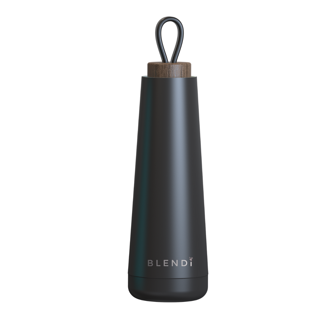 Hydroluxe Tumbler Water Bottle in four colors with a natural wood lid, showcasing its sleek design and compact size.