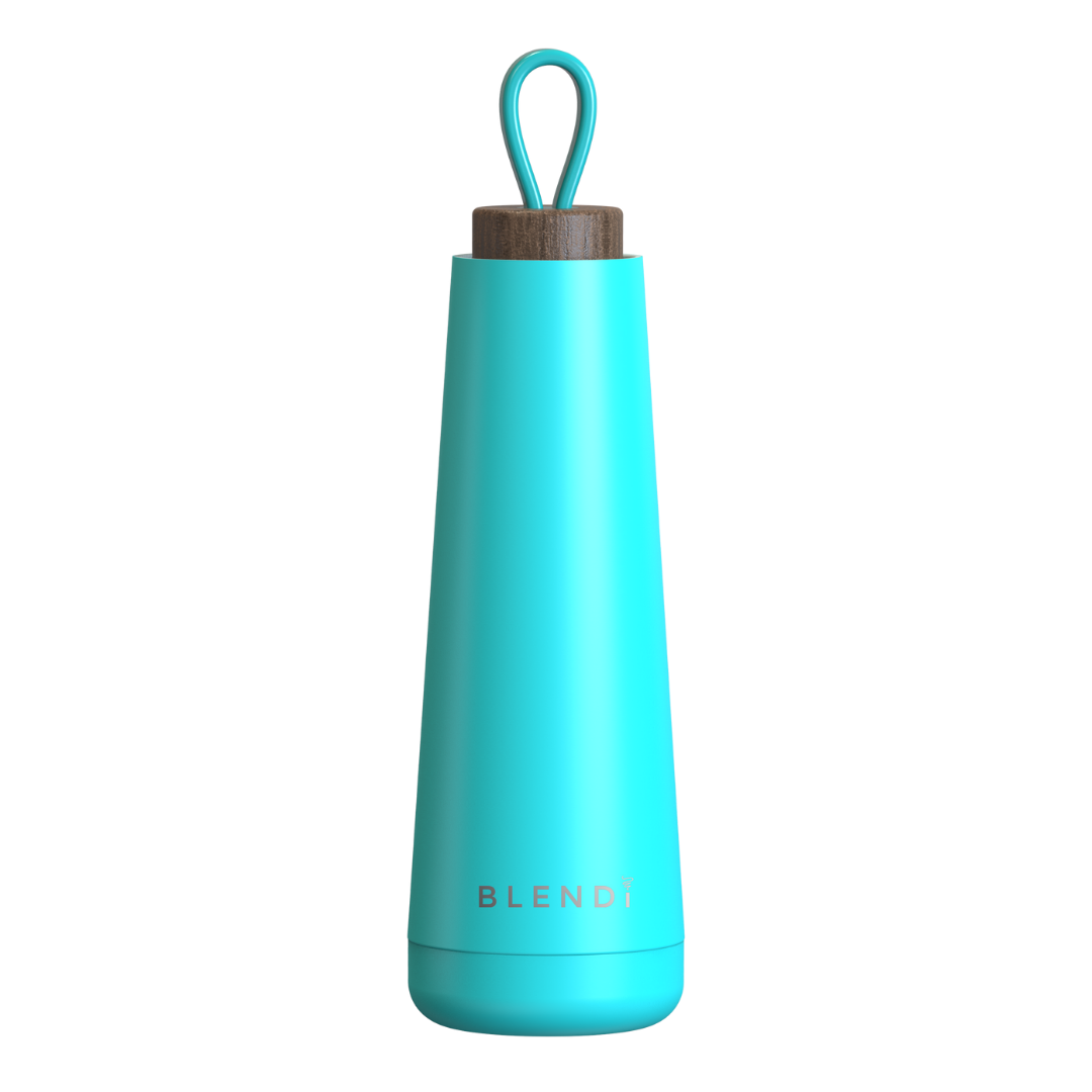 Hydroluxe Tumbler Water Bottle in four colors with a natural wood lid, showcasing its sleek design and compact size.