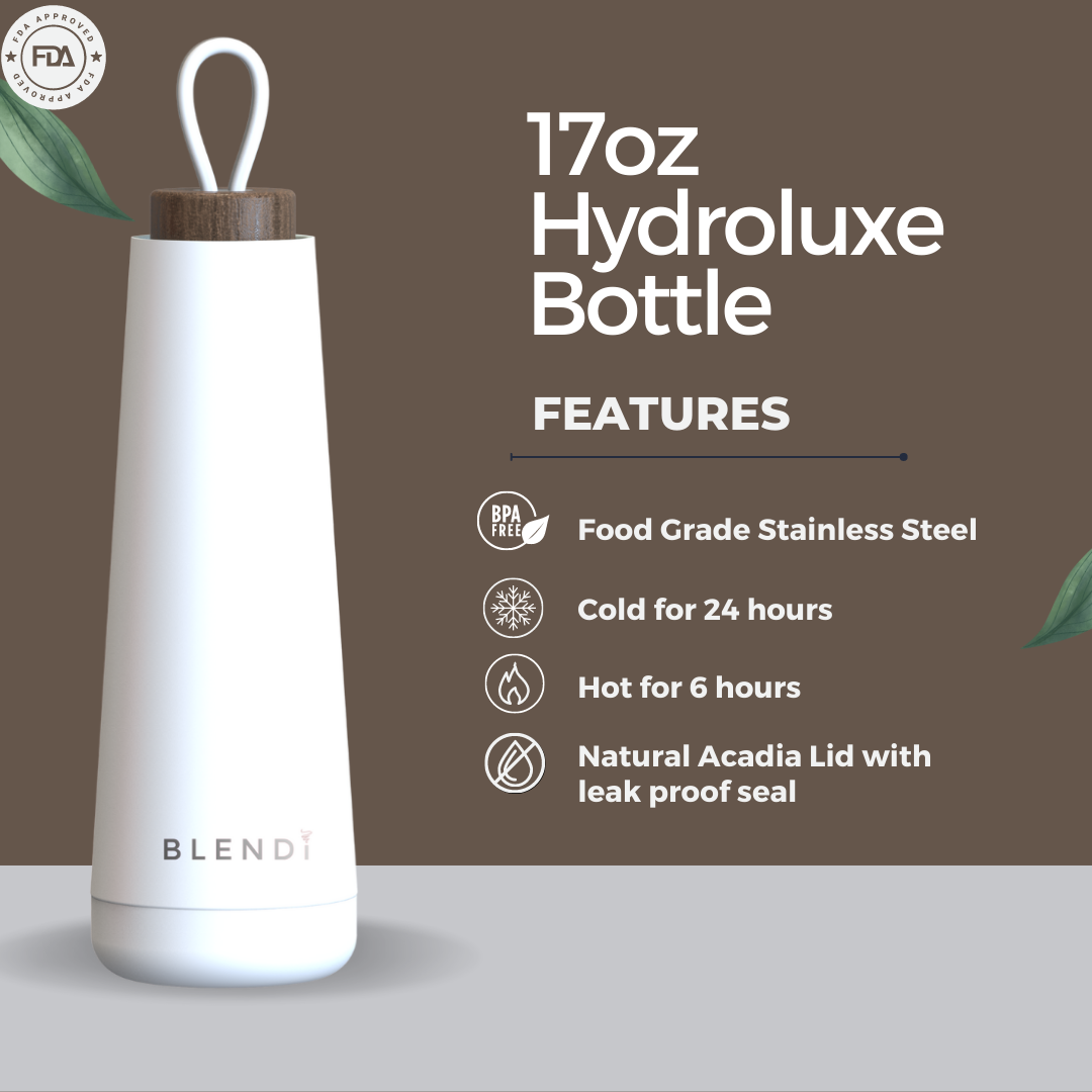 Hydroluxe Tumbler Water Bottle in four colors with a natural wood lid, showcasing its sleek design and compact size.