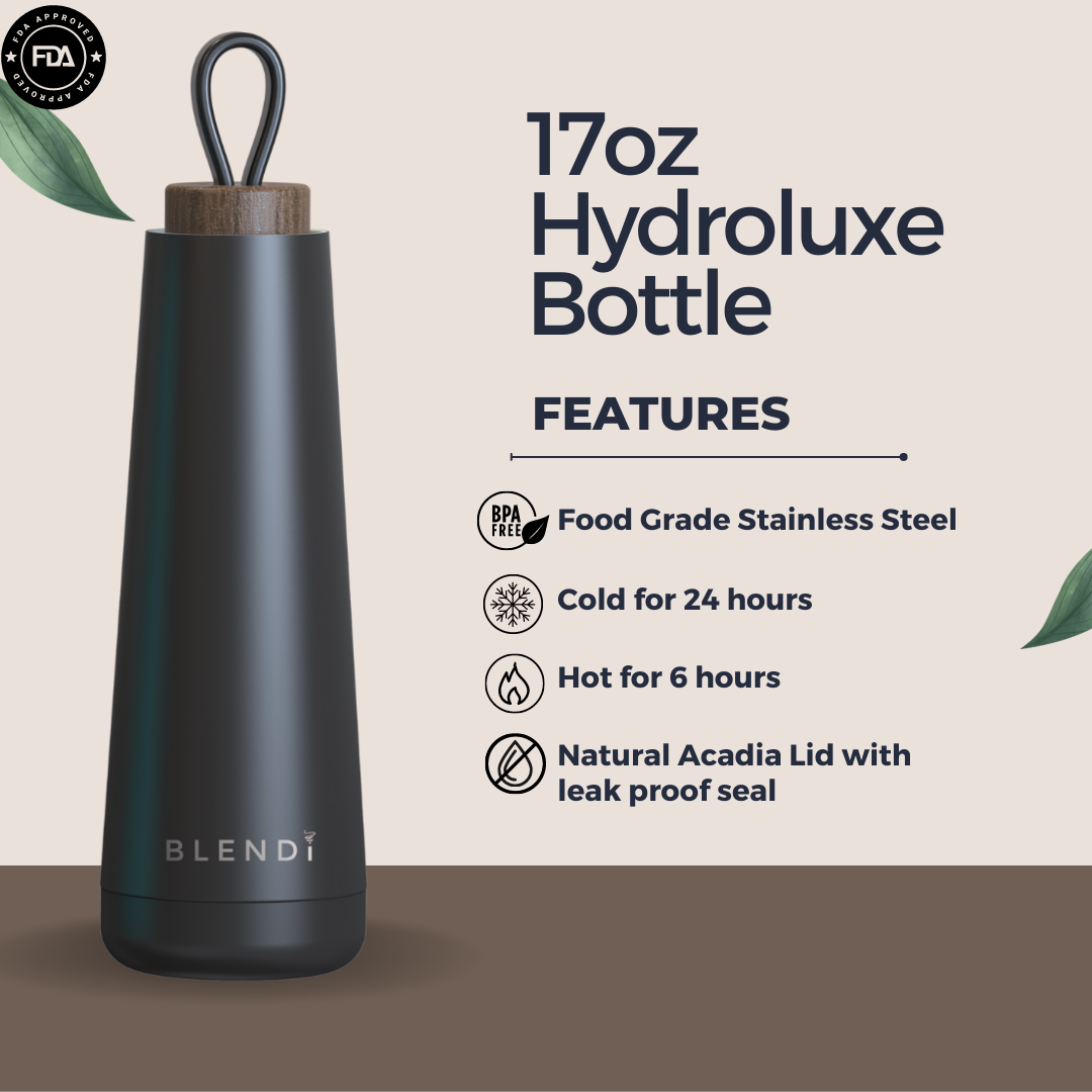 Hydroluxe Tumbler Water Bottle in four colors with a natural wood lid, showcasing its sleek design and compact size.