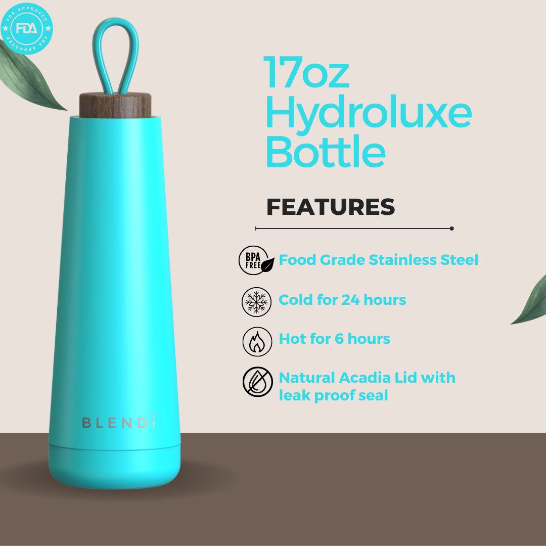 Hydroluxe Tumbler Water Bottle in four colors with a natural wood lid, showcasing its sleek design and compact size.