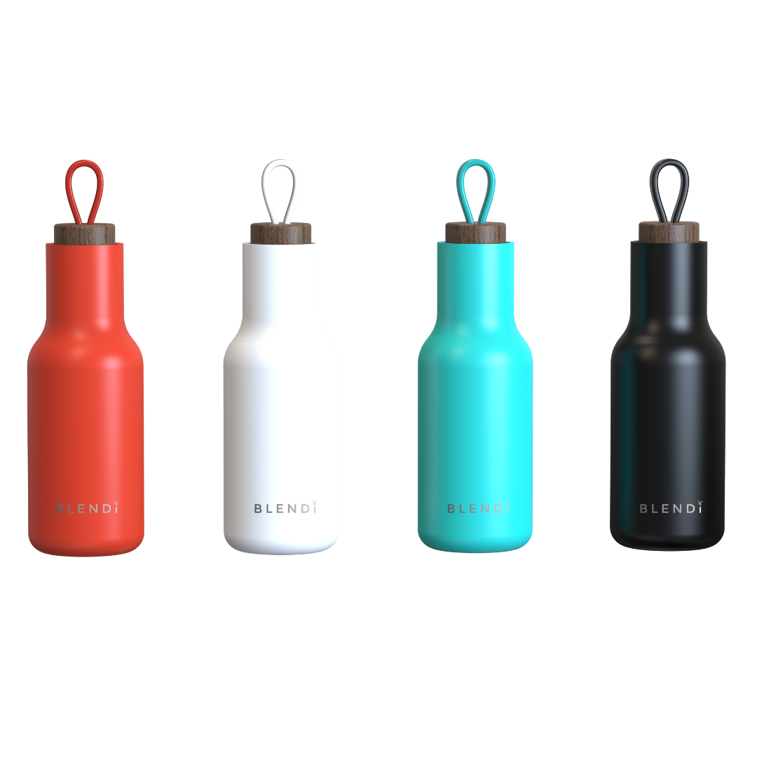 Hydroluxe Tumbler Water Bottle in four colors, showcasing its stainless steel design and natural wood lid.