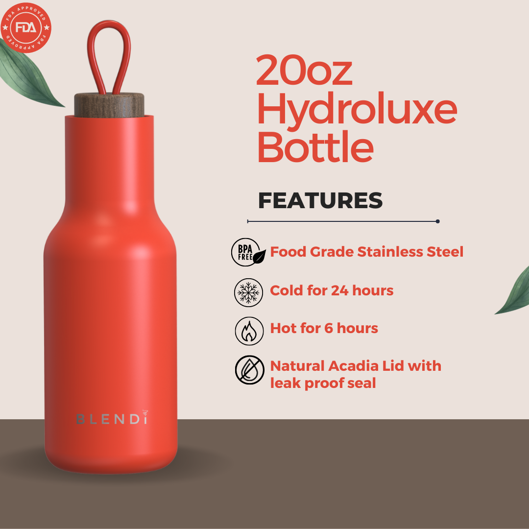 Hydroluxe Tumbler Water Bottle in four colors, showcasing its stainless steel design and natural wood lid.