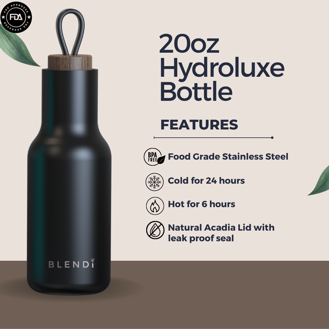 Hydroluxe Tumbler Water Bottle in four colors, showcasing its stainless steel design and natural wood lid.